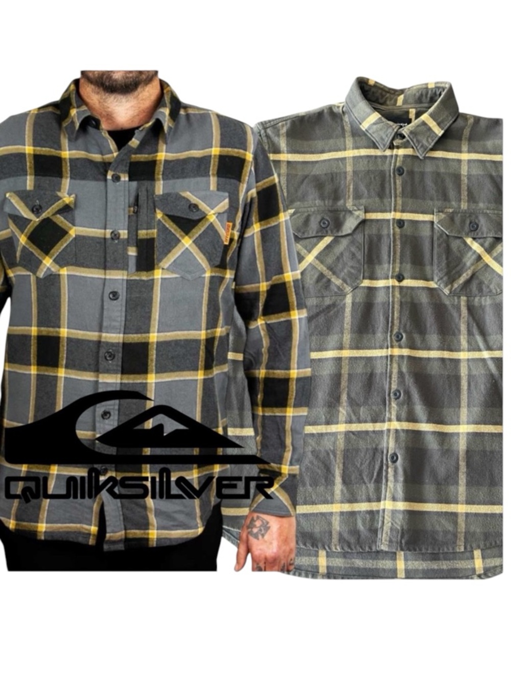 Quiksilver Gray/Yellow Plaid Regular Cotton Flannel Shirt (L)